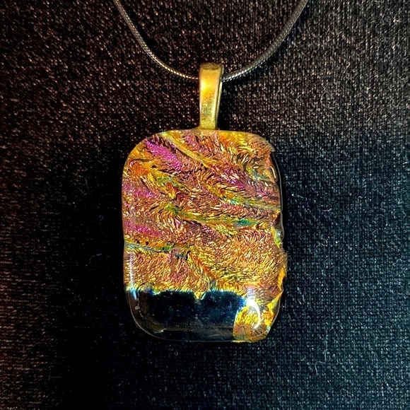 FUSED Glass Rectangular Pendant with metallic golds, pink, peach, green, black - Picture 1 of 4